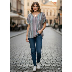 Lovely Melody Multicolor Striped Short Sleeve Tee M soft stretch